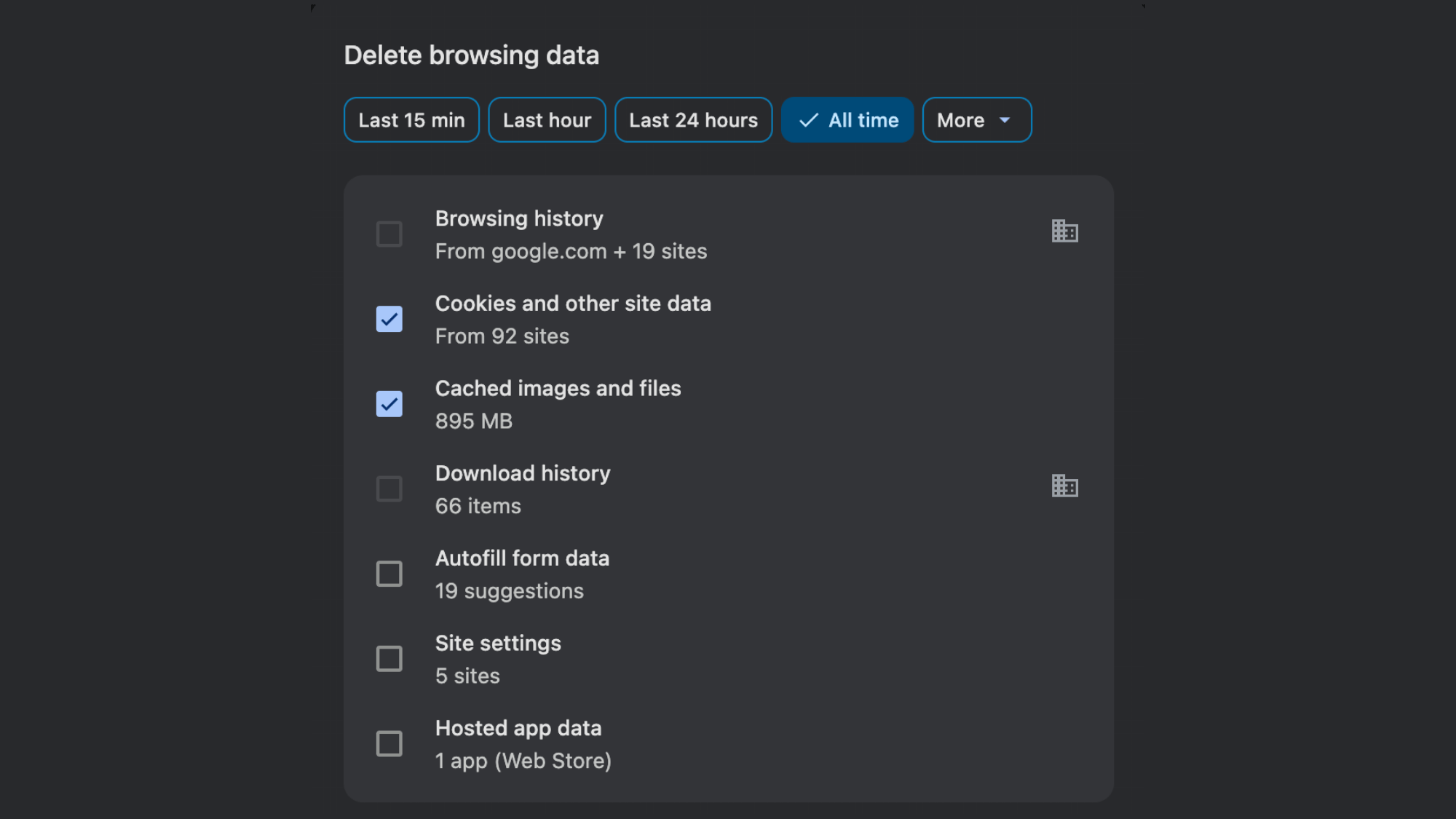 clear cache and browsing data