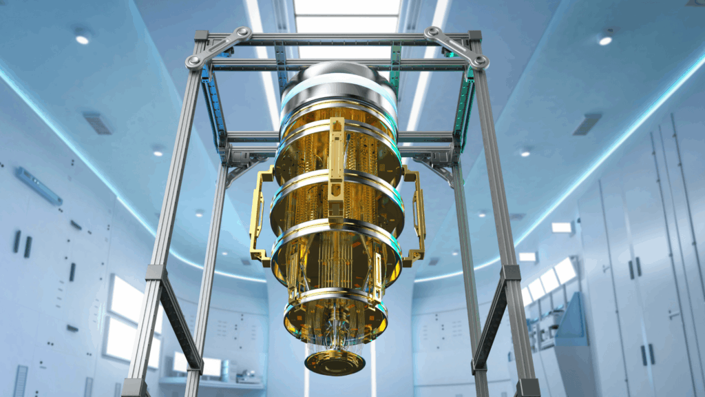 a large quantum computer suspended in a metal frame inside a clean, brightly lit laboratory room