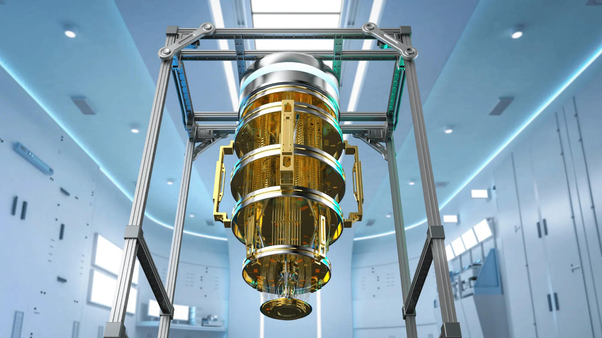 a large quantum computer suspended in a metal frame inside a clean, brightly lit laboratory room