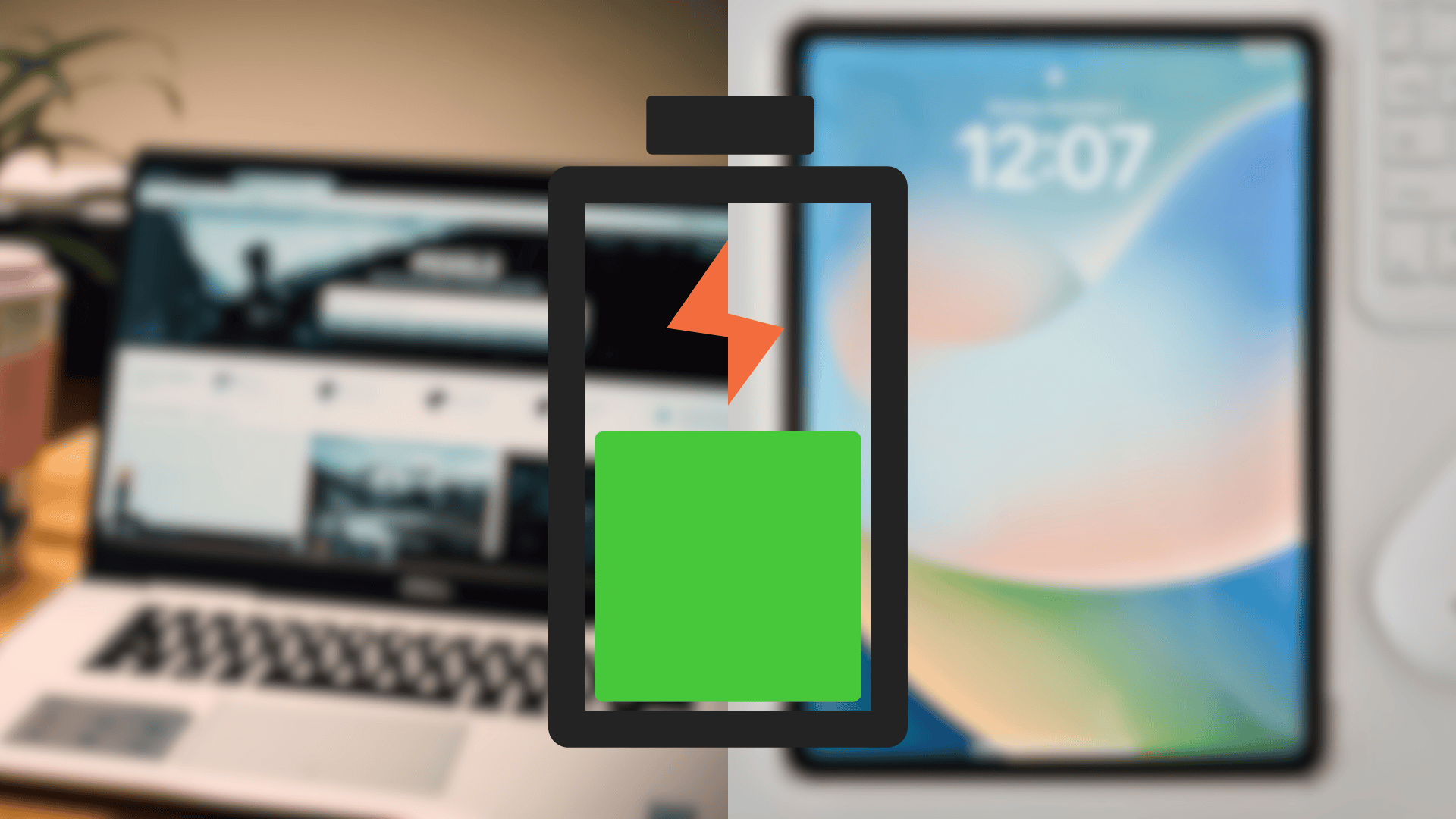 a low battery icon over a blurred laptop and tablet screen representing device battery life