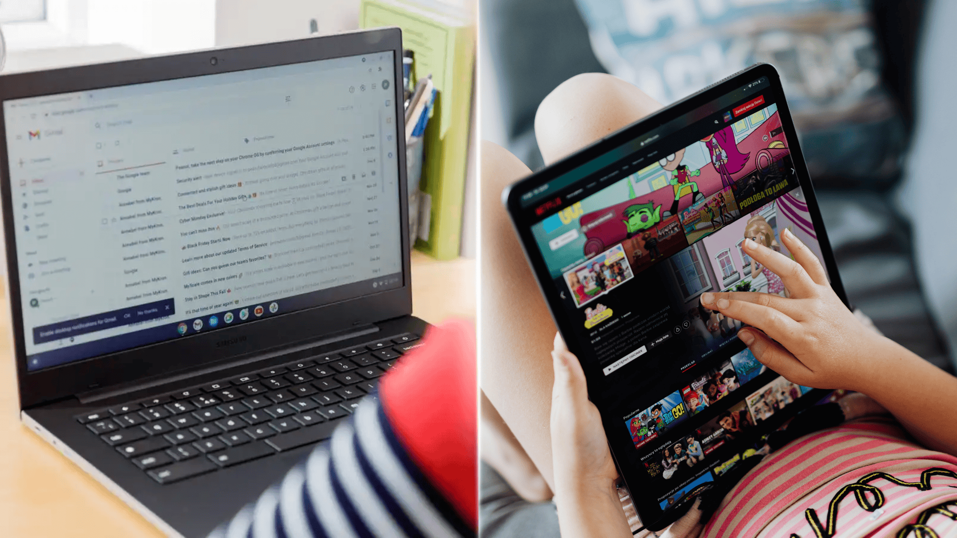 a person using chromebook displaying an email inbox beside a child holding a tablet and watching colorful cartoons