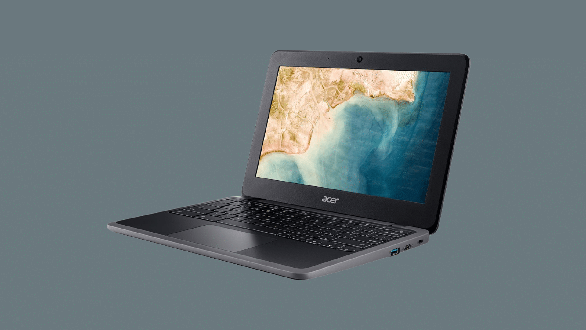 acer chromebook laptop with black finish displaying coastal landscape wallpaper angled to showcase chromebook specs and ports