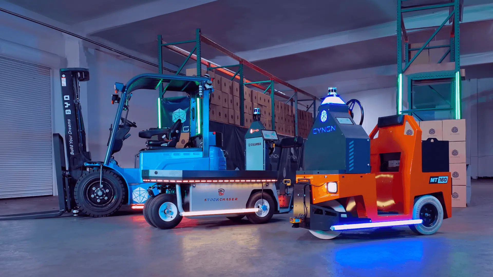 automated warehouse vehicles including a forklift and agvs with led lights in a modern setting