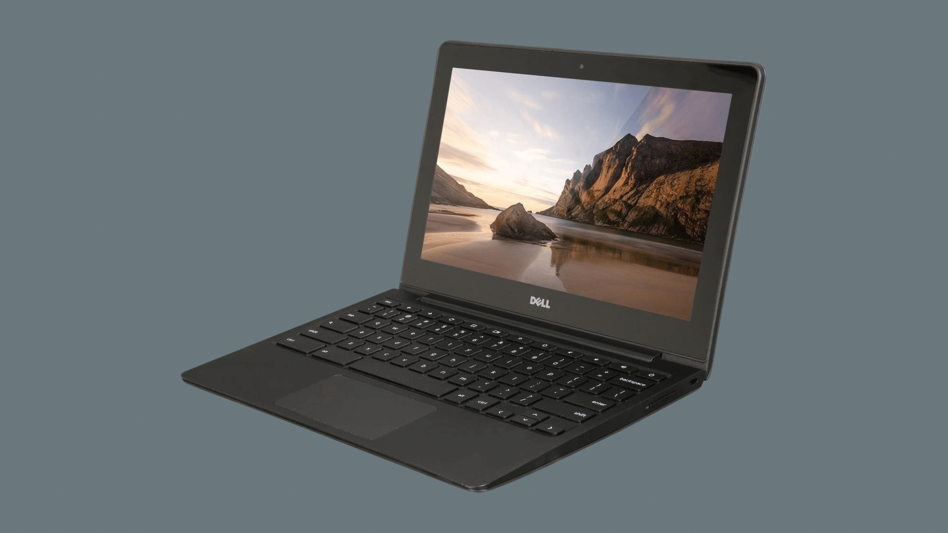 dell chromebook laptop in black finish displaying mountain wallpaper highlighting chromebook specs and compact design