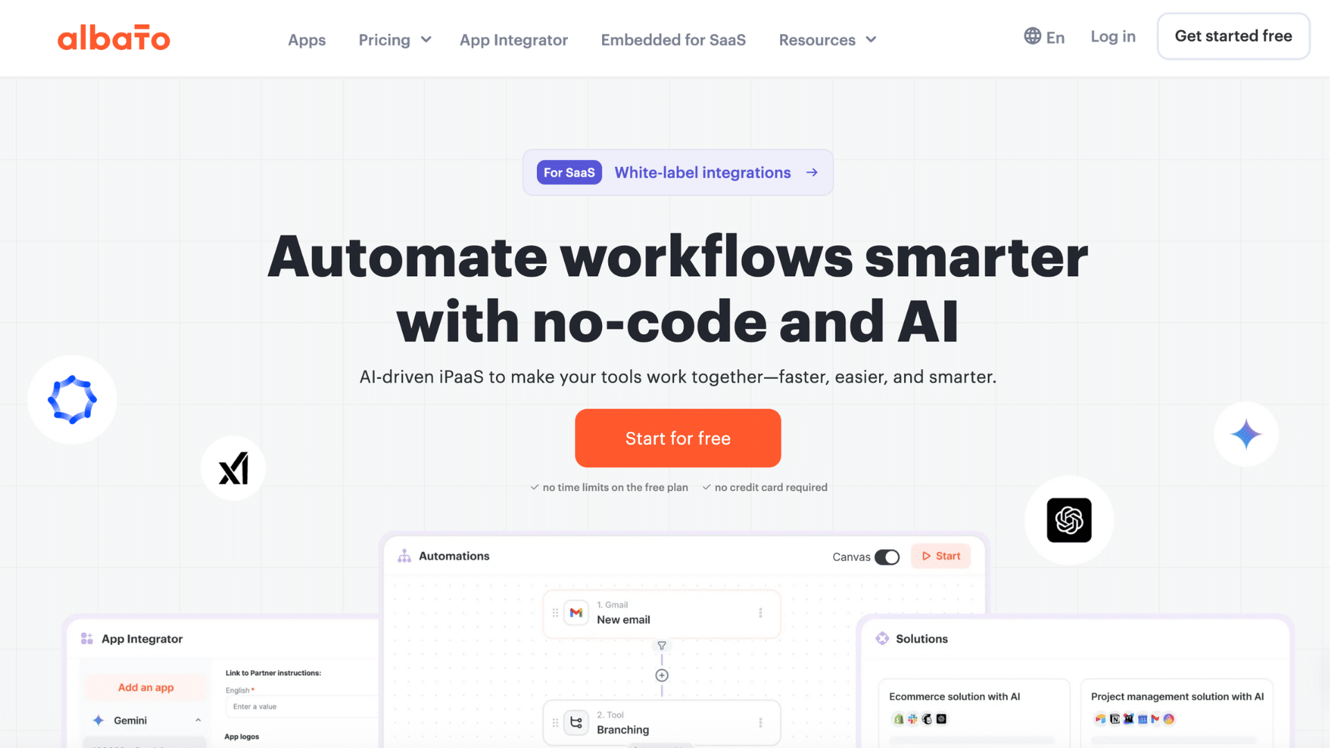 home page of company albato that is a cloud integration platform