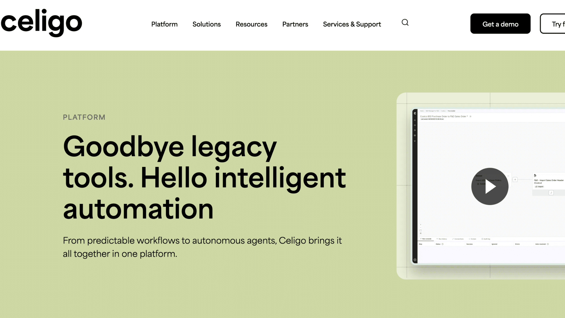home page of company celigo that is a cloud integration platform