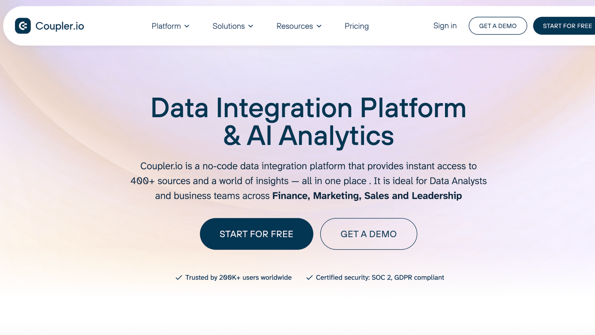 home page of company coupler.io that is a cloud integration platform
