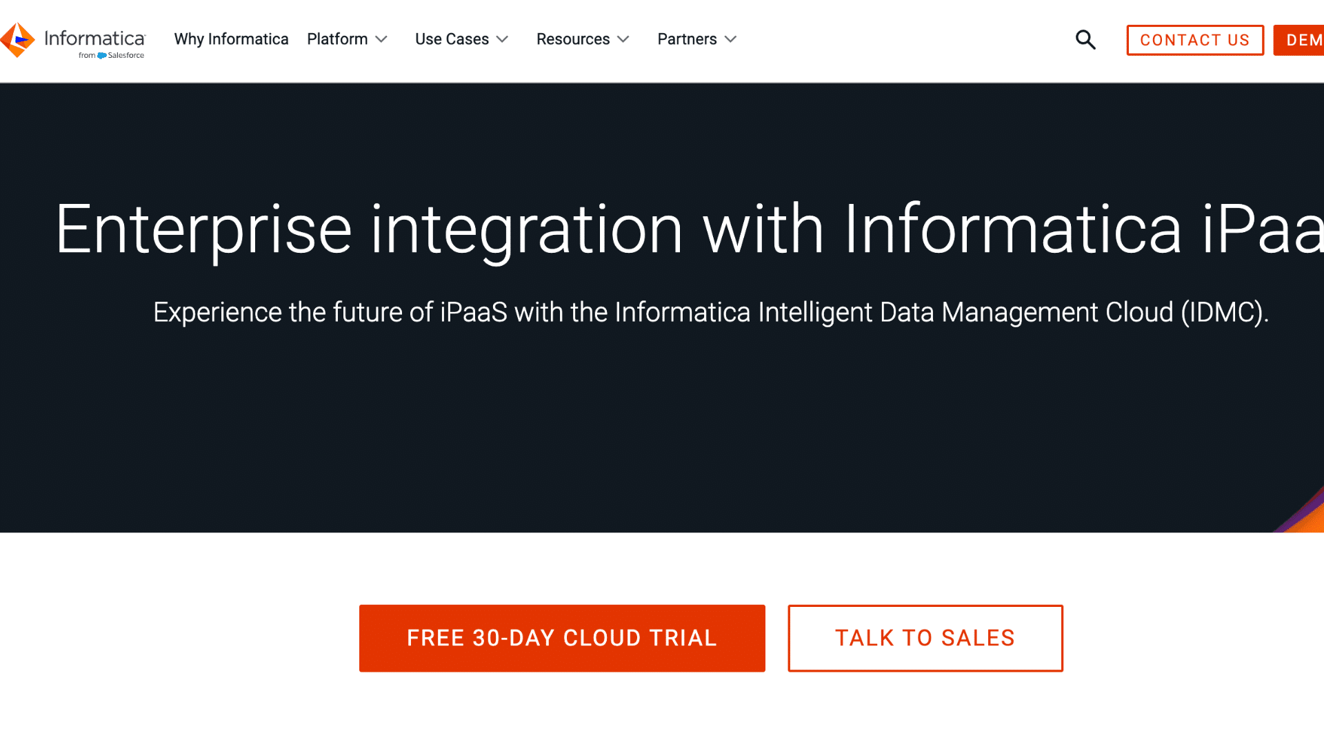 home page of company informatica that is a cloud integration platform