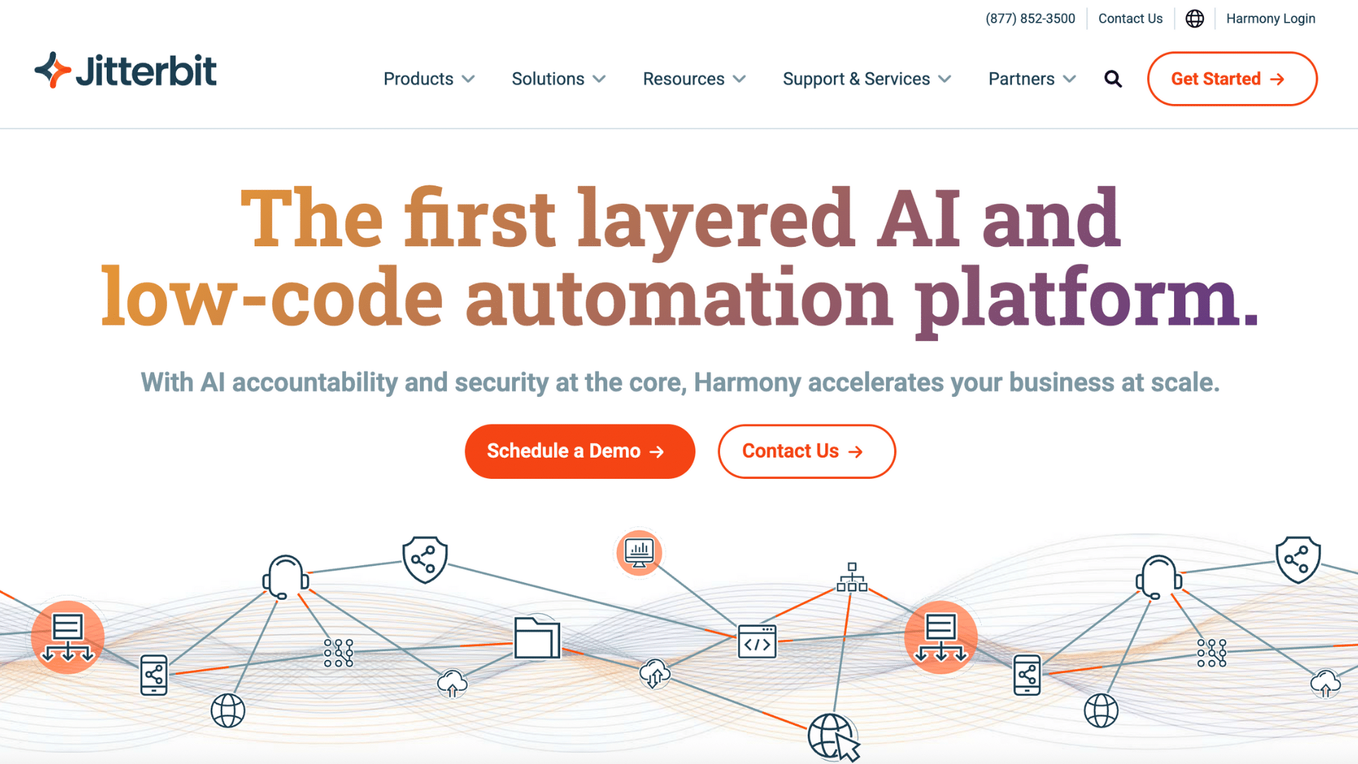 home page of company jitterbit harmony that is a cloud integration platform