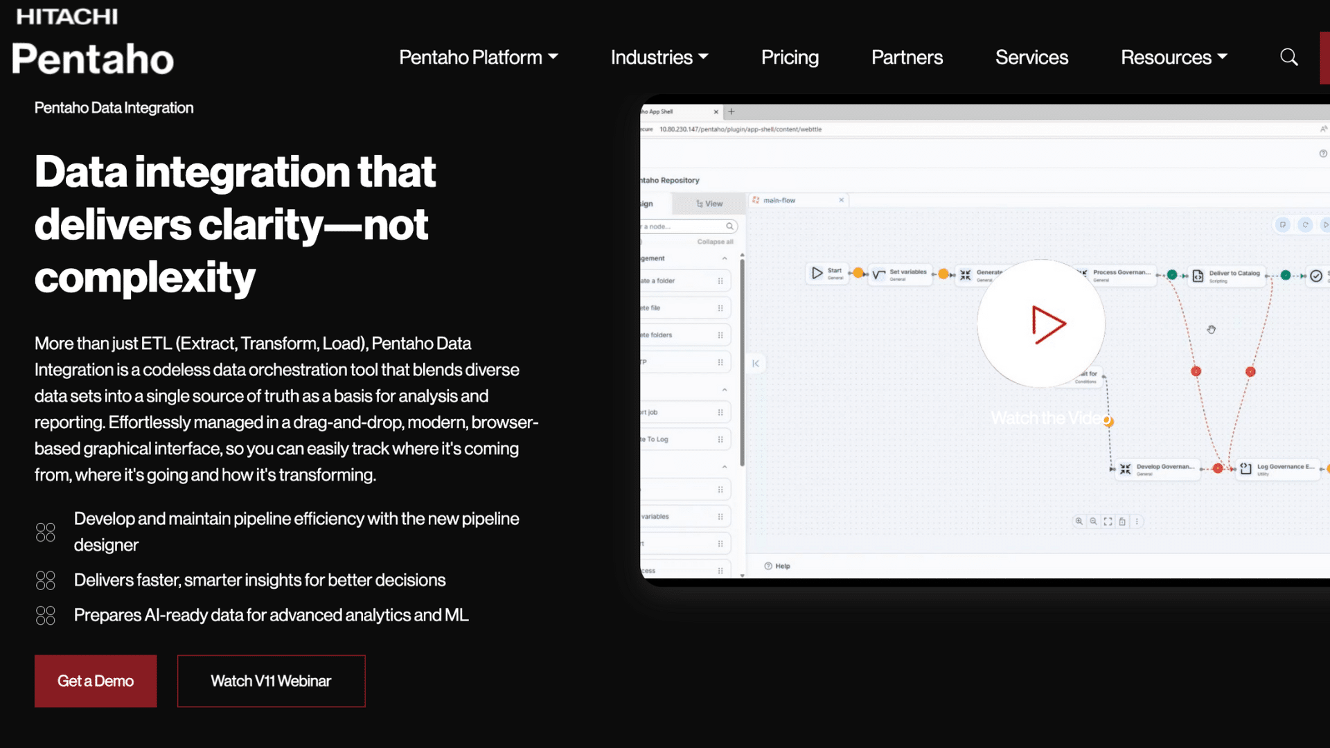 home page of company pentaho data integration that is a cloud integration platform