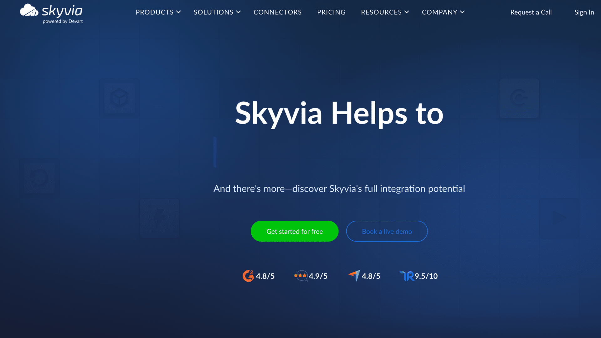 home page of company skyvia that is a cloud integration platform