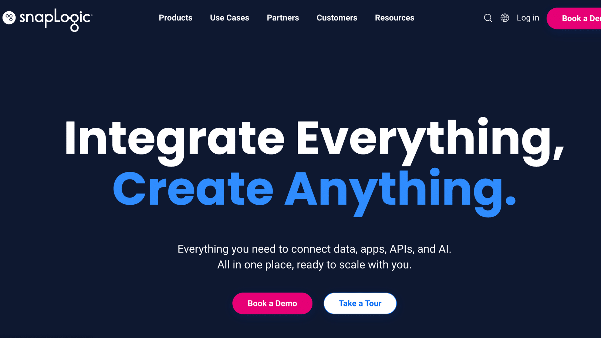 home page of company snaplogic that is a cloud integration platform