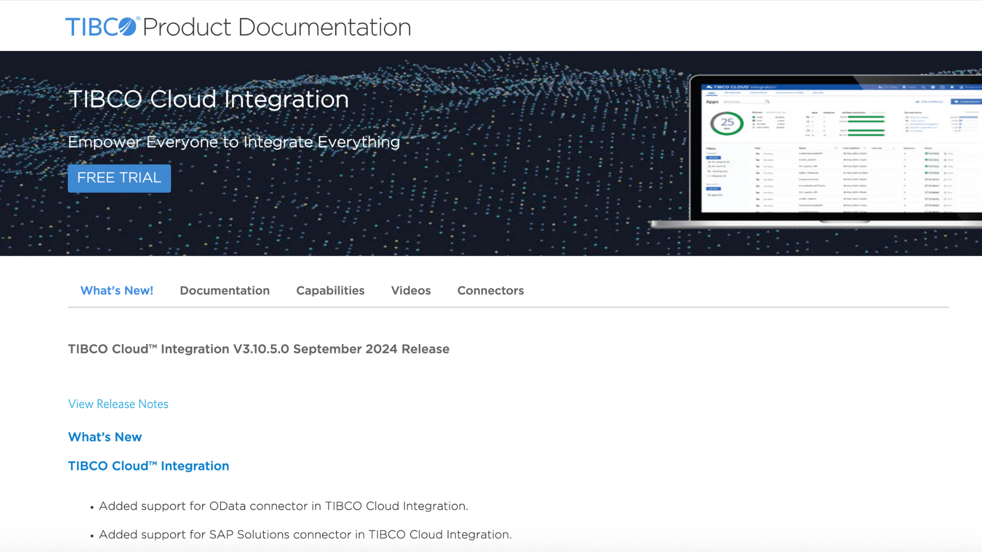 home page of company tibco cloud integration that is a cloud integration platform
