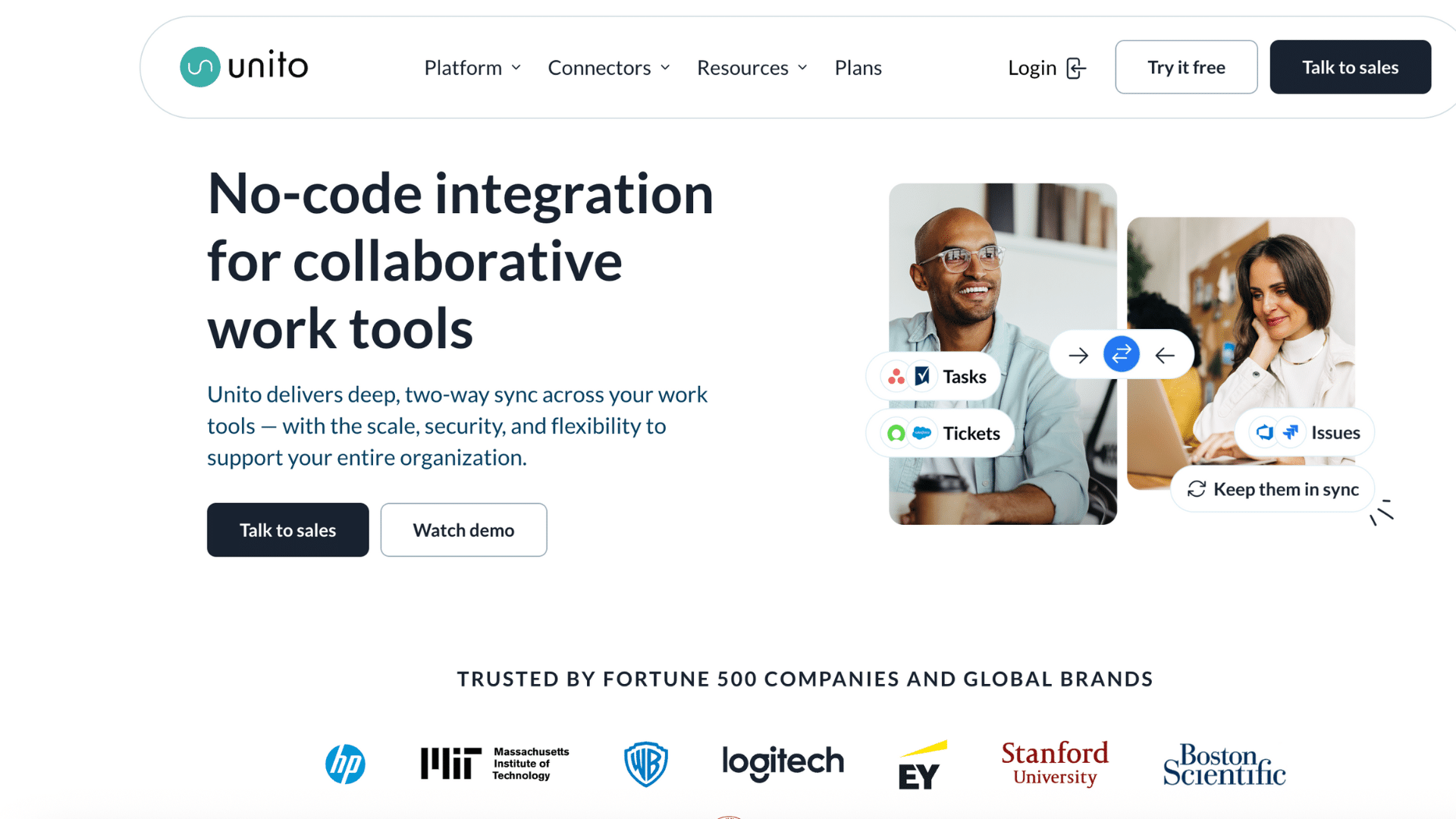 home page of company unito that is a cloud integration platform