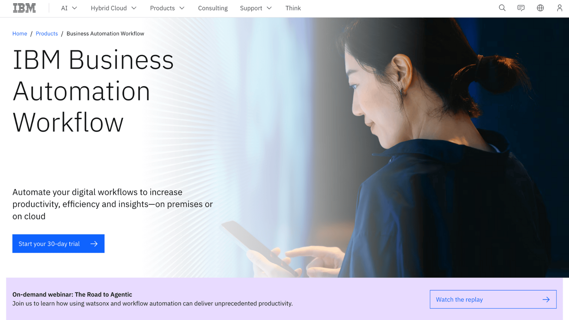 home page of ibm business automation workflow automation process tool website