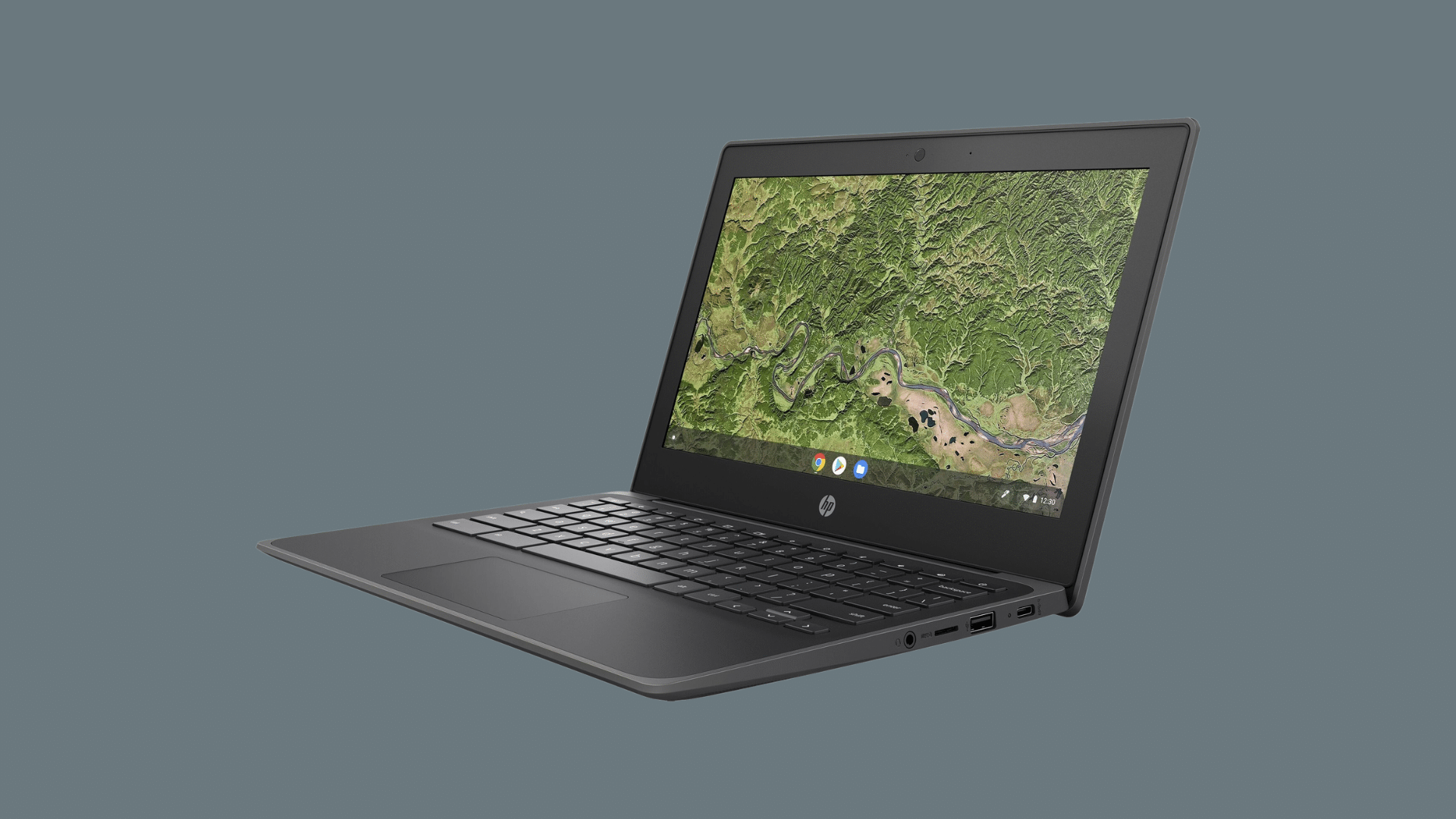 hp chromebook laptop in black finish displaying aerial river landscape wallpaper highlighting chromebook specs and side ports
