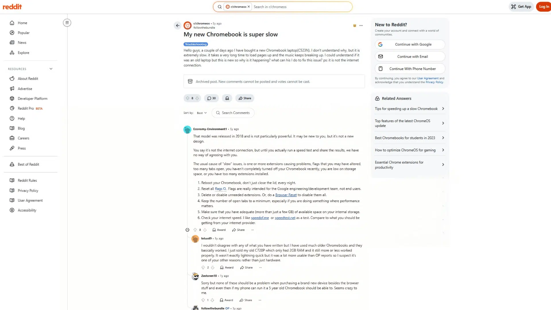 reddit page showing discussion about a slow chromebook with user comments online
