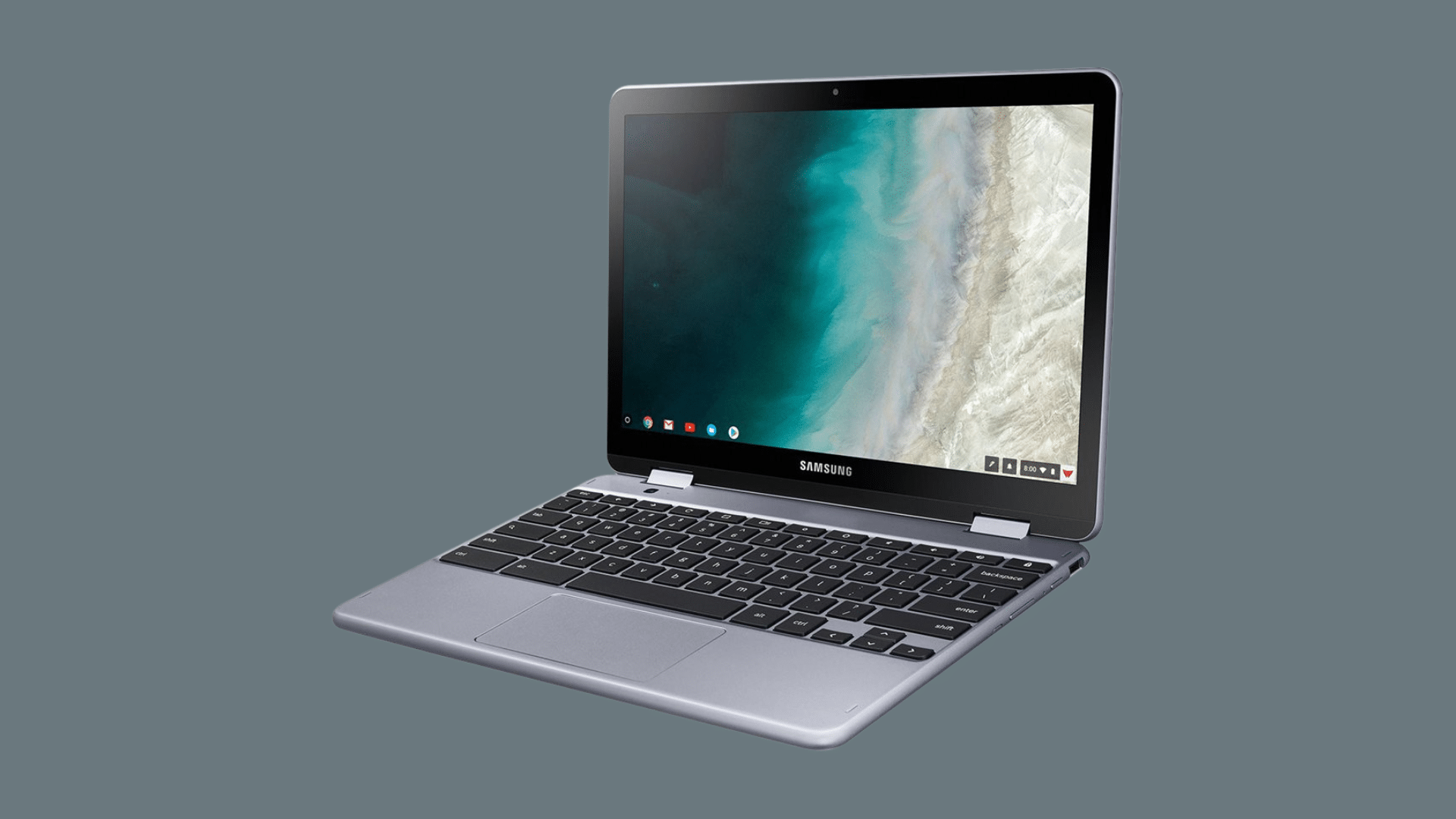 samsung chromebook with touchscreen display showing shoreline wallpaper highlighting chromebook specs and slim build
