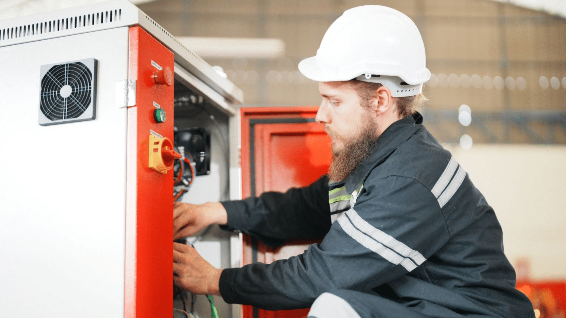 technician wearing a hard hat working on a control cabinet during fire alarm maintenance and fire alarm repair tasks