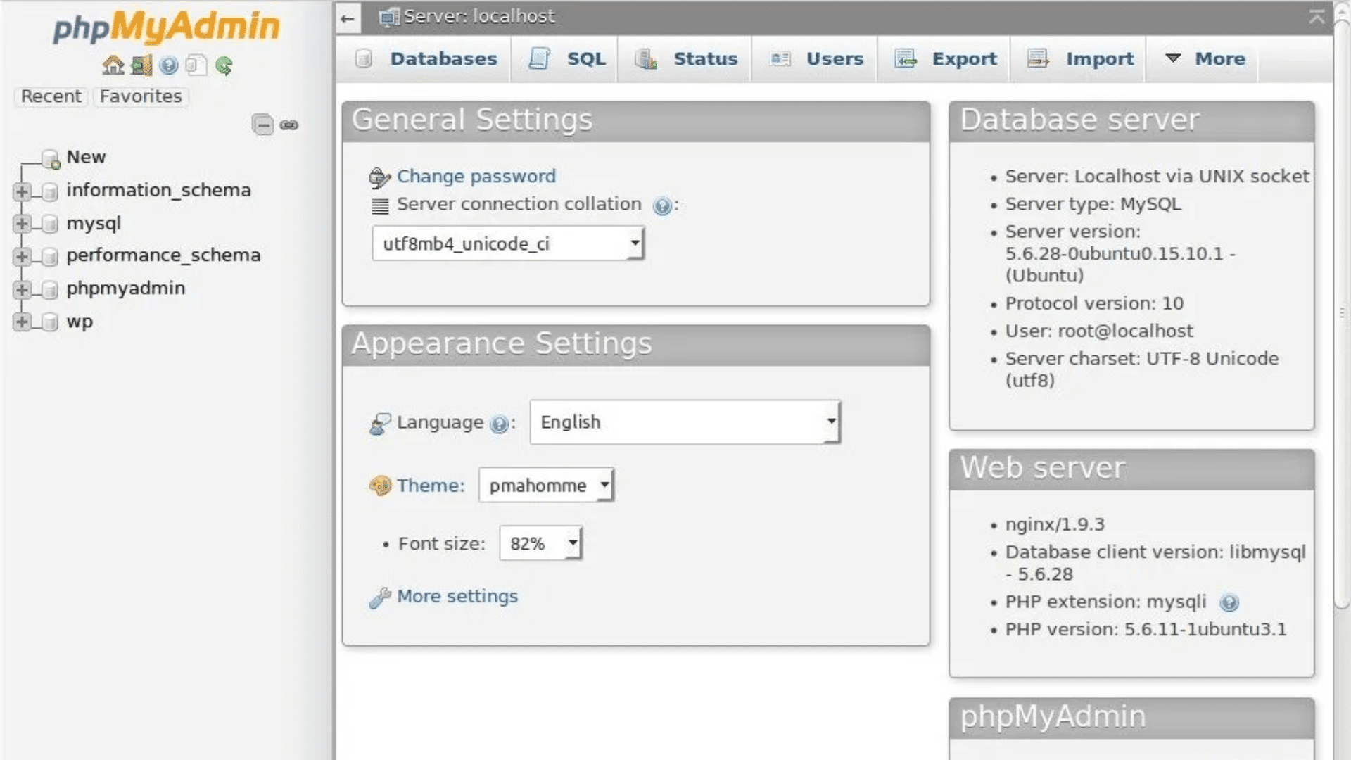 user interface of phpmyadmin for backing up site on wordpress
