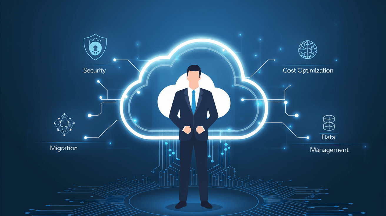 Illustration of a cloud computing consultant with cloud icon and services like security migration and data management