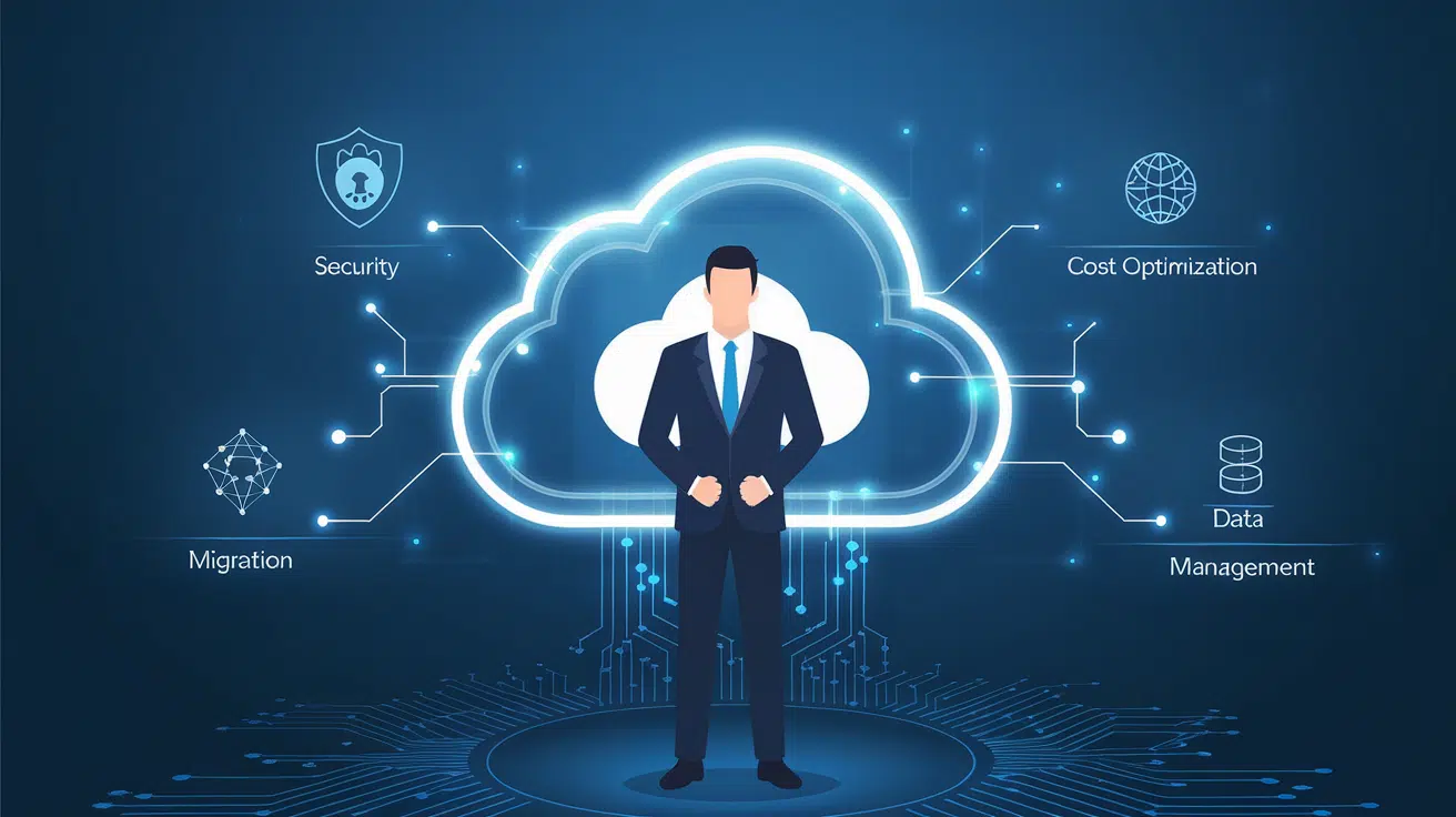 Illustration of a cloud computing consultant with cloud icon and services like security migration and data management