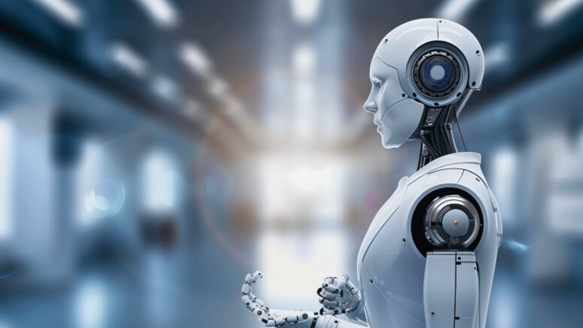 a futuristic humanoid robot in a side view with visible mechanical components such as gears and sensors in the arms and head set in a blurred modern environment humanoid robots news