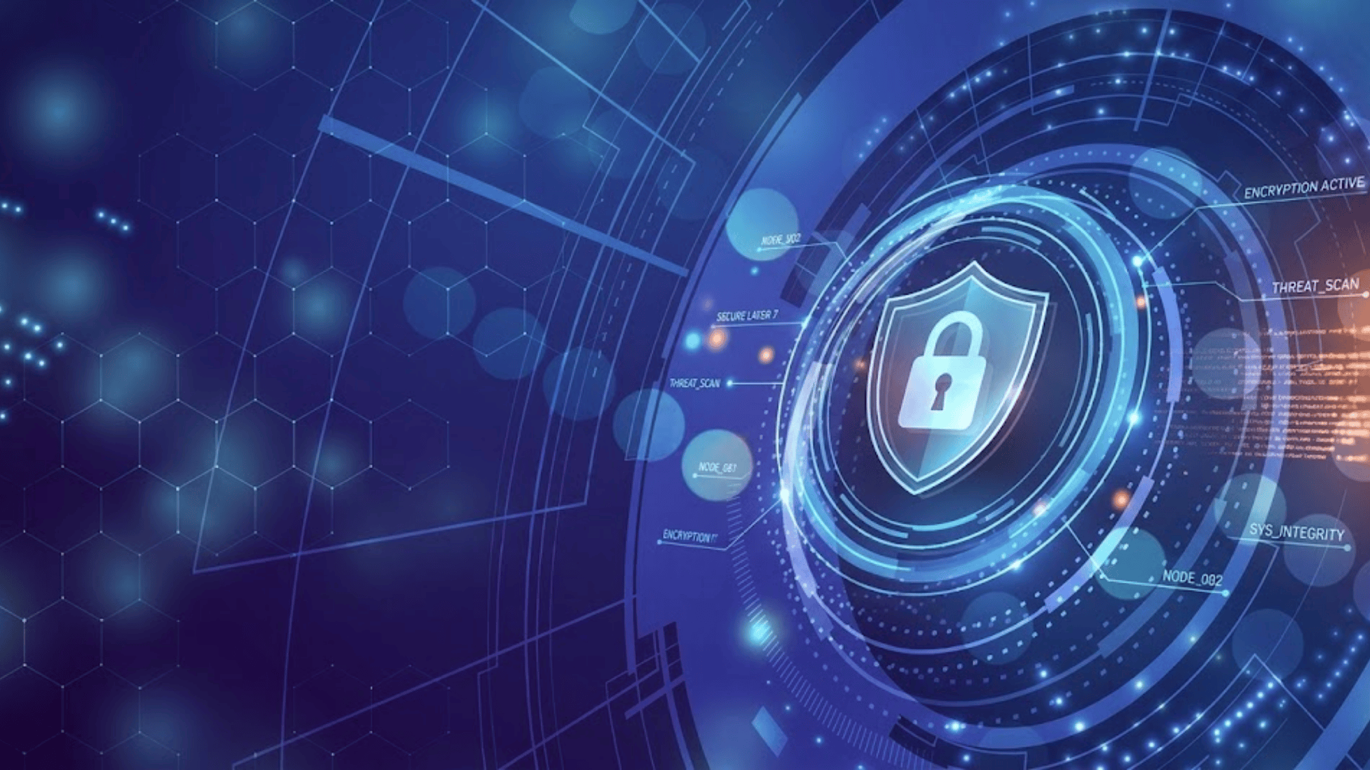 abstract cybersecurity interface with glowing lock icon and digital network elements on blue background