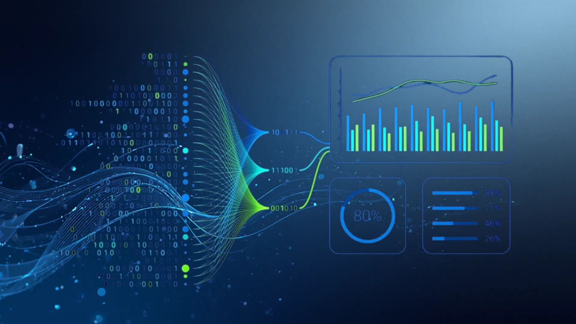abstract visualization of code and metrics dashboard representing data engineering