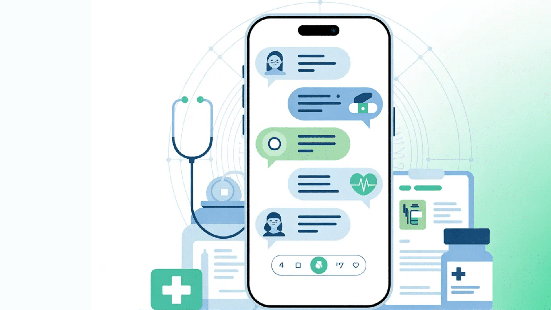 ai chatbots in healthcare on smartphone with medical icons stethoscope and pills