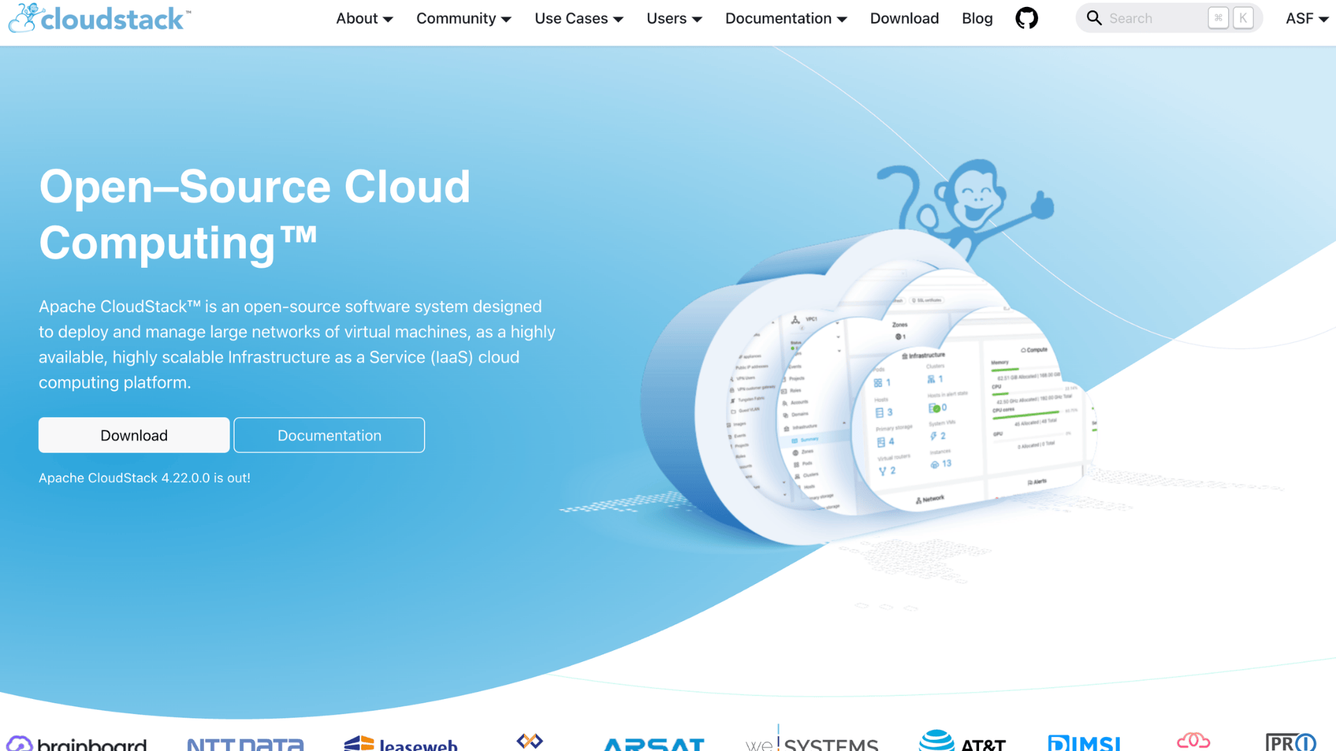 apache cloudstack open source cloud computing page with download and documentation buttons