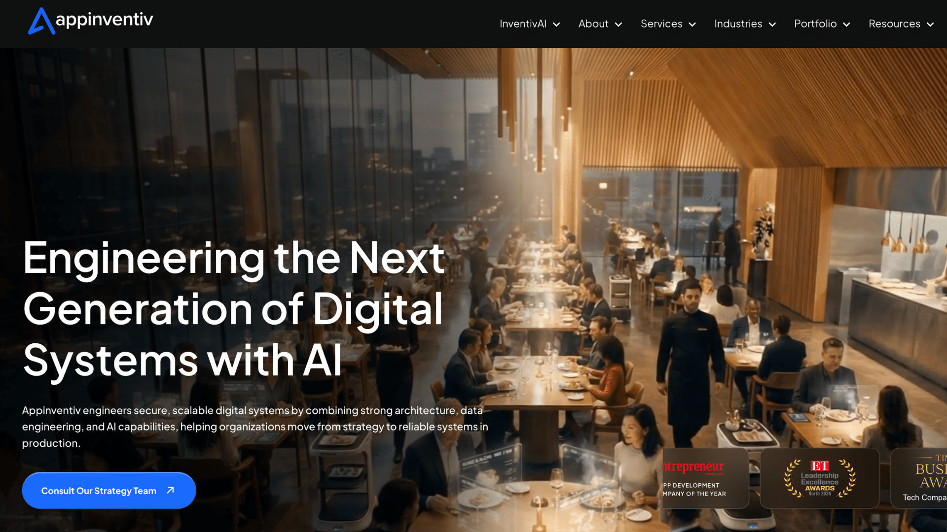 appinventiv homepage showcasing digital systems powered by ai and strong architecture