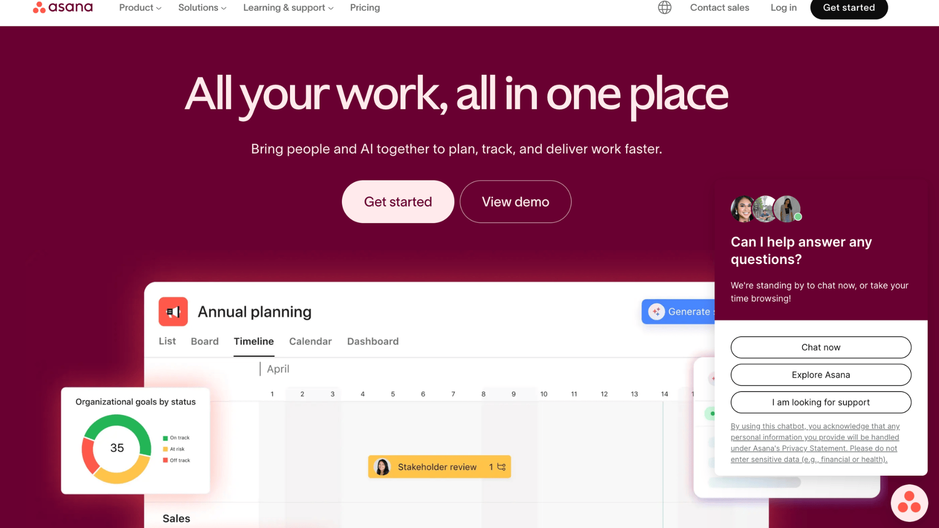 asana homepage showing project planning dashboard and get started button
