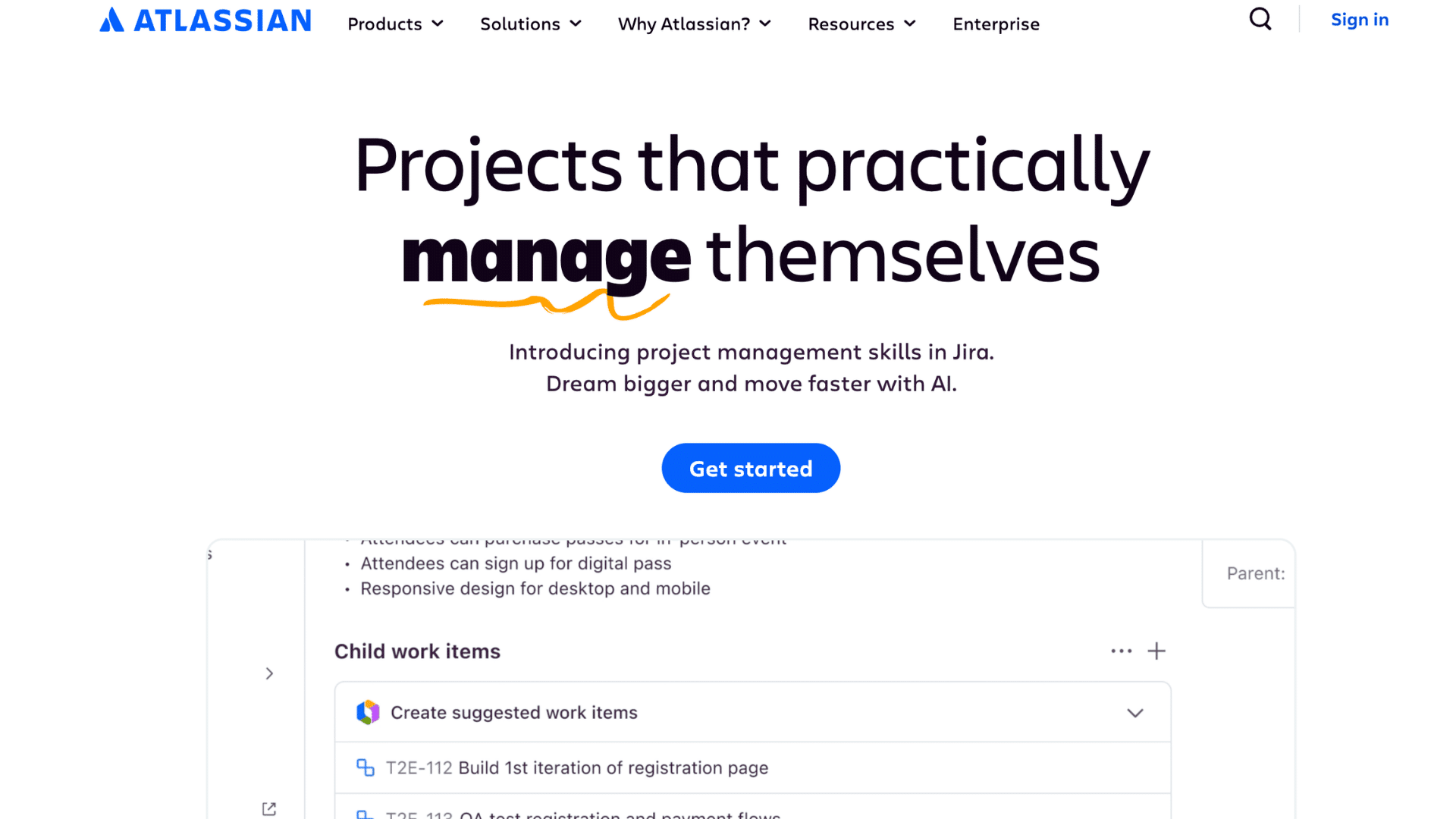 atlassian homepage promoting Jira project management with get started button