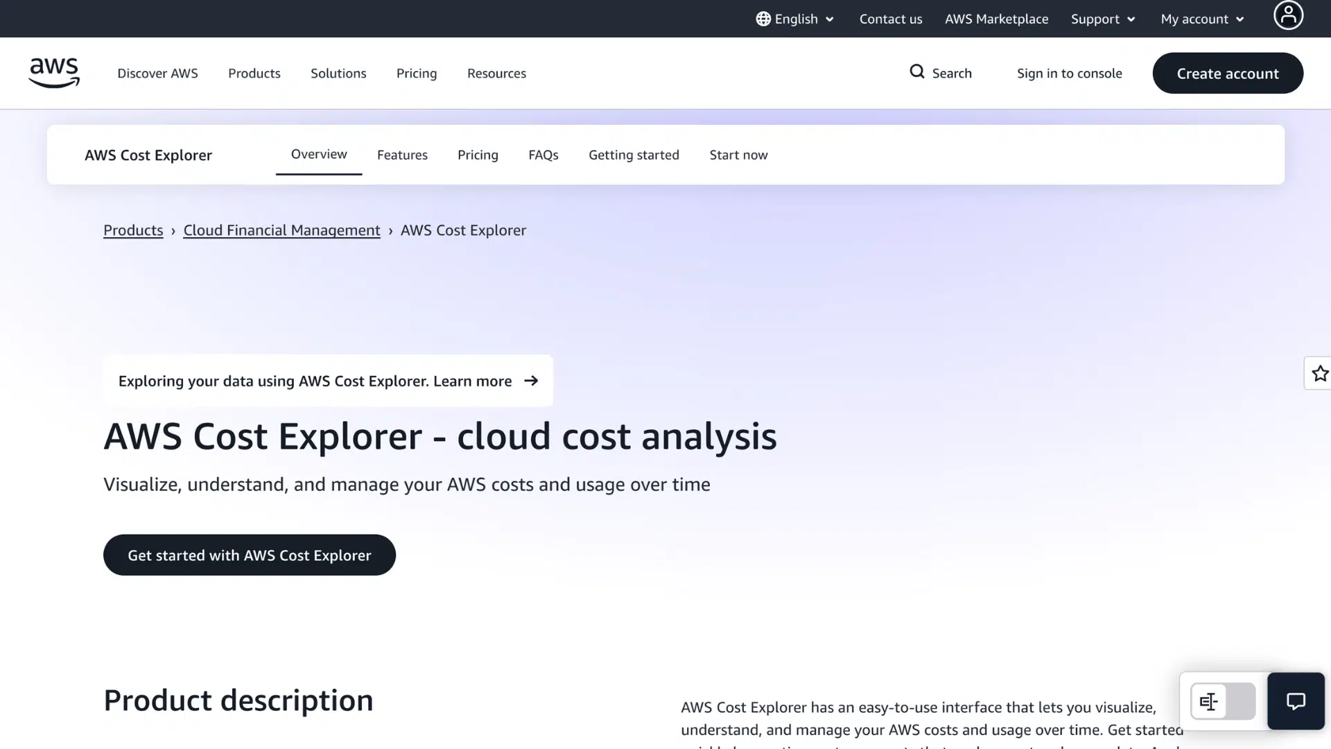 aws cost explorer cloud cost analysis webpage with navigation menu and get started button