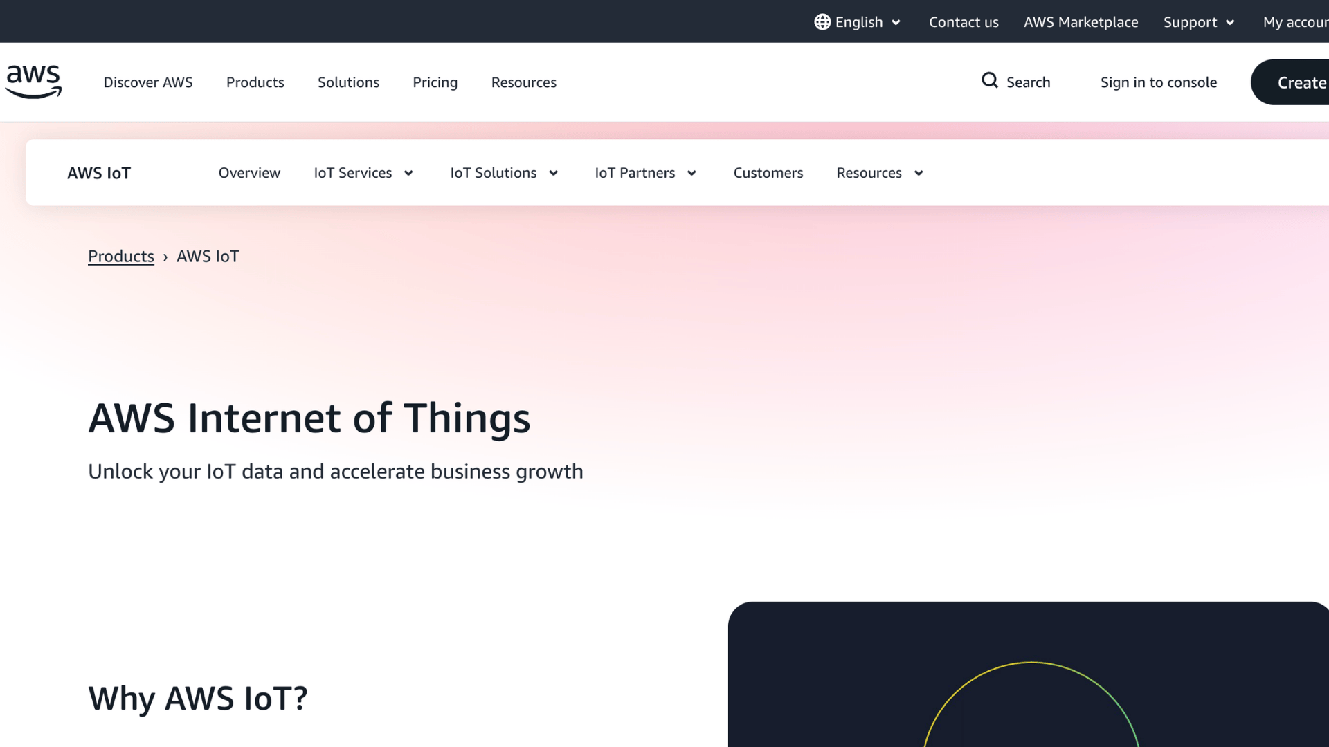aws internet of things homepage with overview navigation and create account button