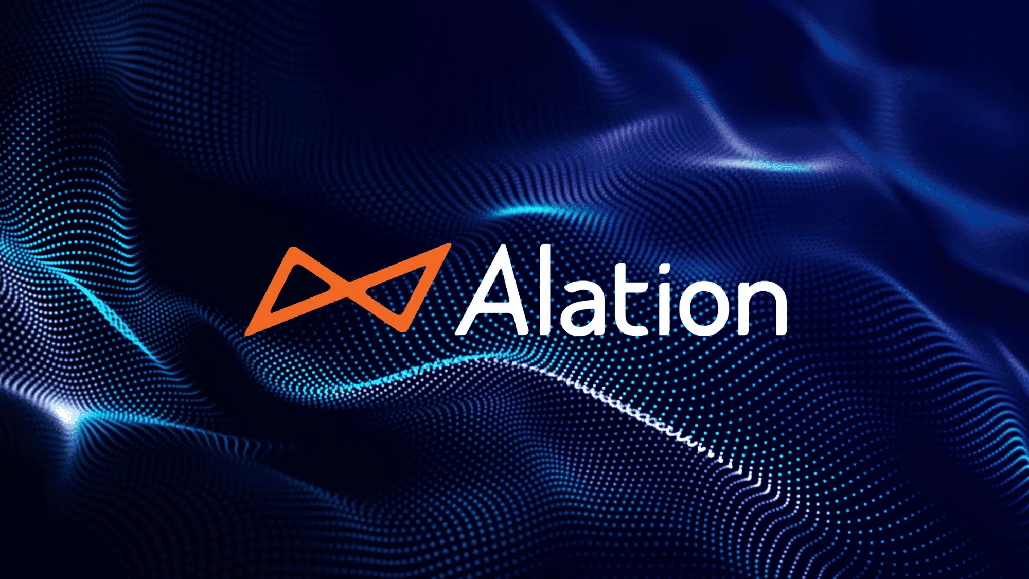 blue abstract wave pattern with tiny dots as background with the orange alation logo