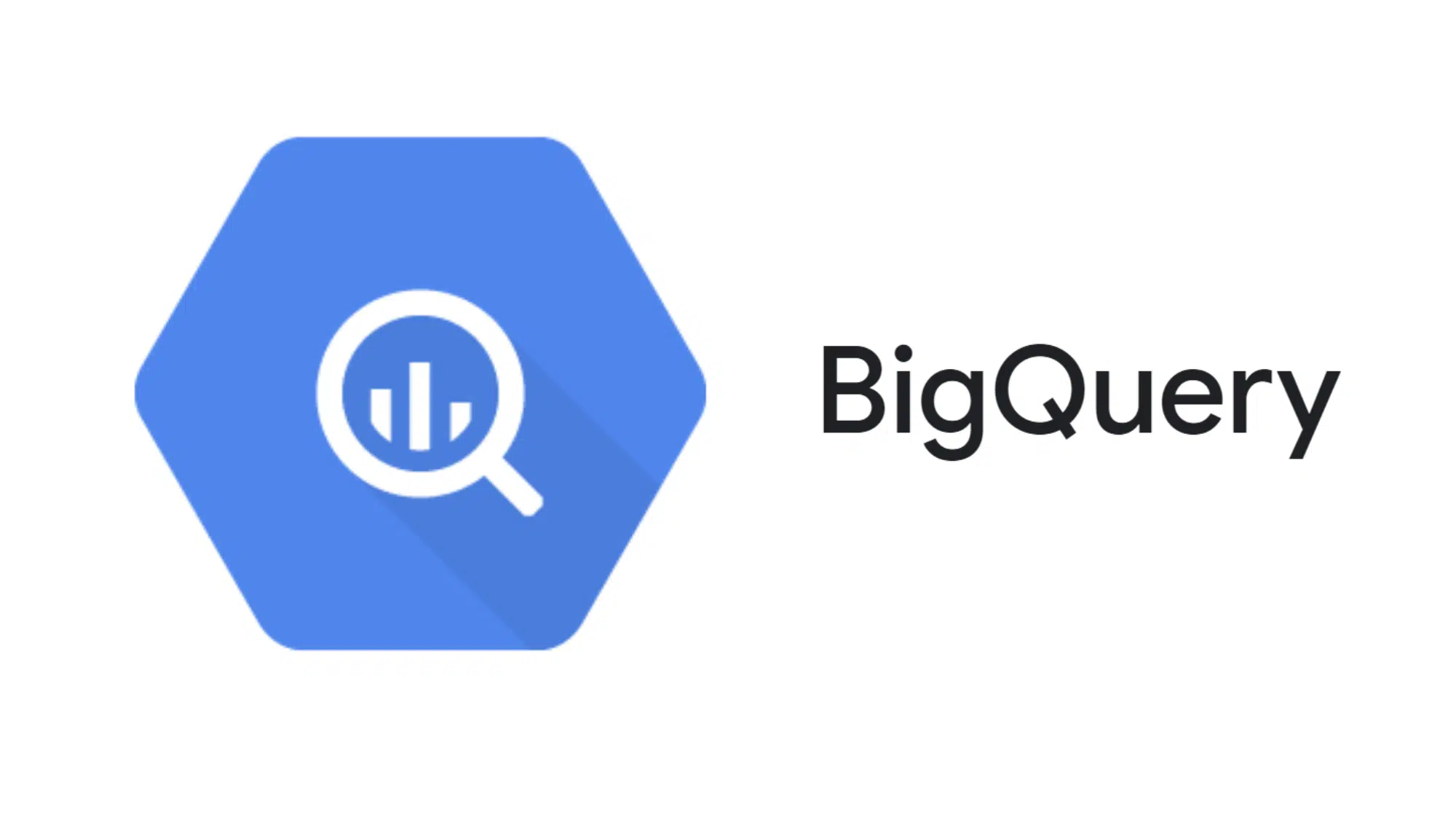 blue hexagon with a magnifying glass and bar graph logo inside representing google bigquery