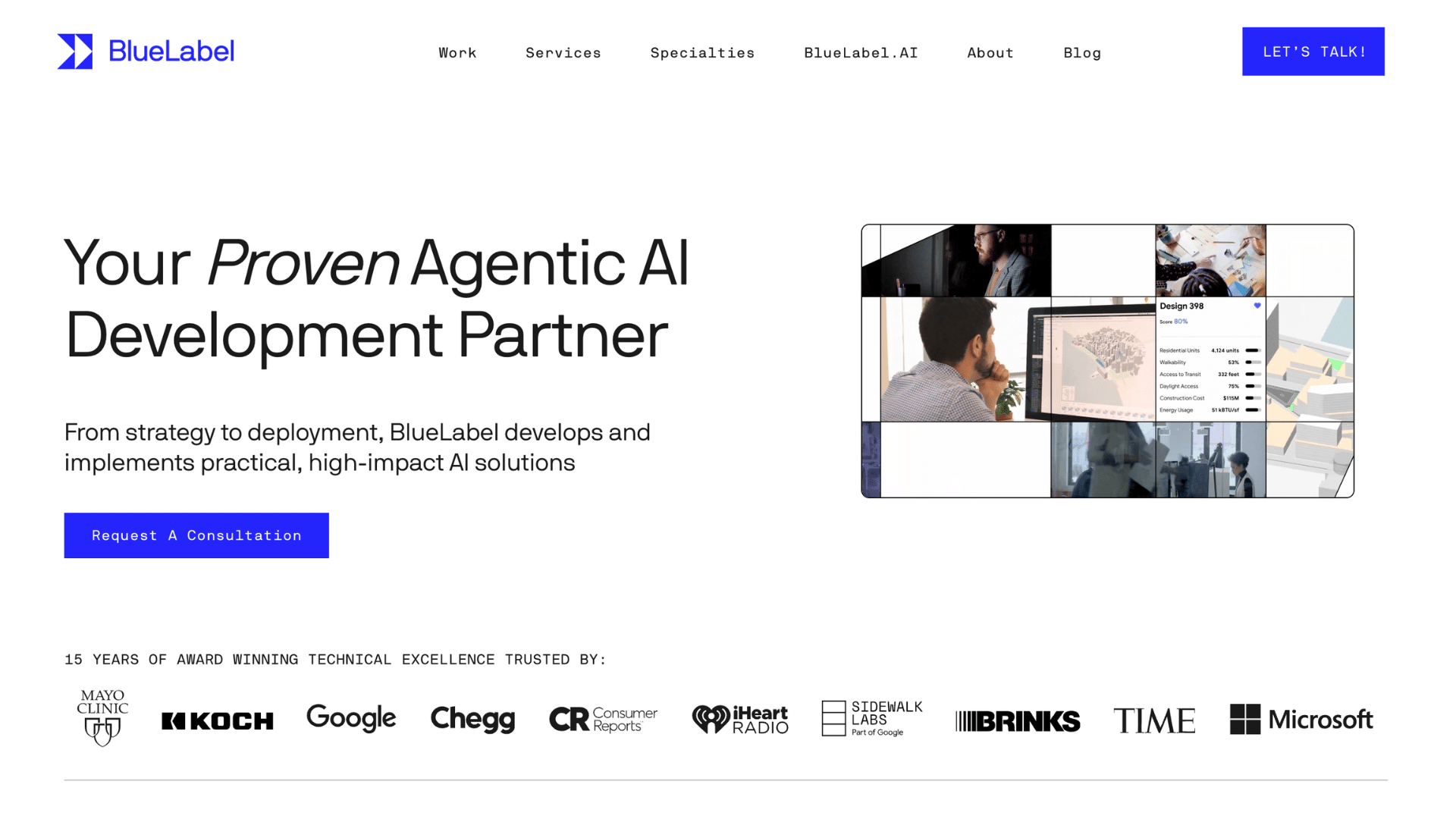 blue label homepage focusing on ai development and technical excellence for android app solutions