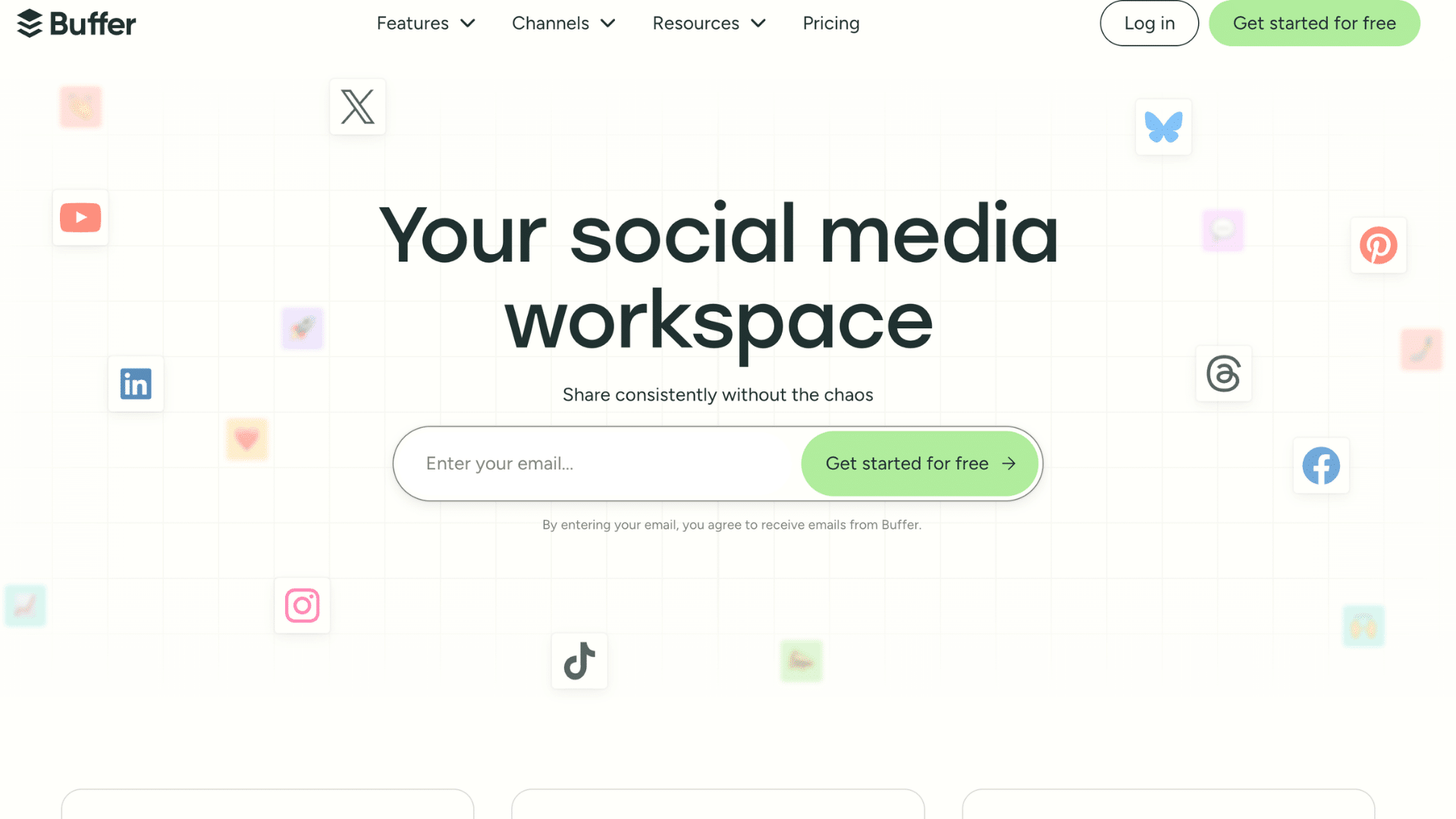 buffer homepage promoting social media scheduling and content management platform
