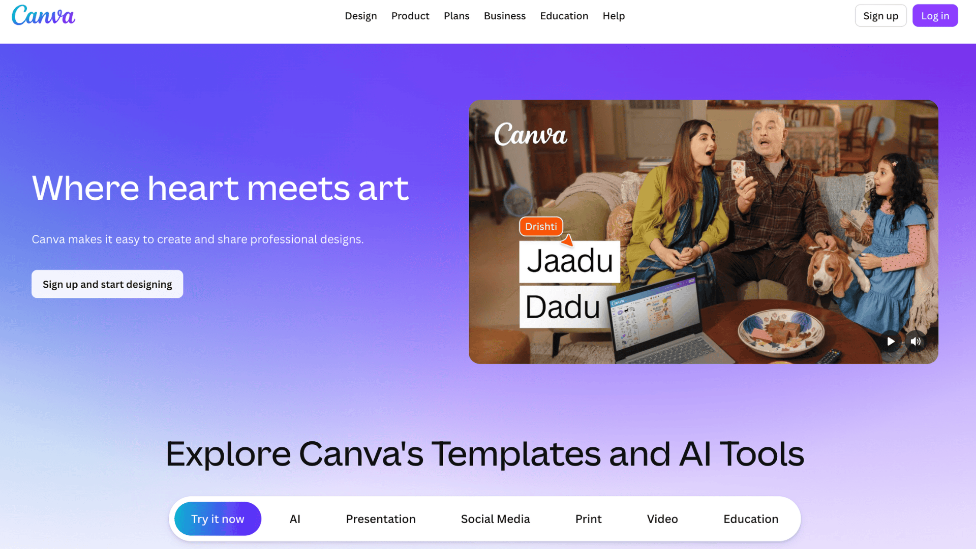 canva homepage showing design tools templates and ai features with sign up button and interface preview