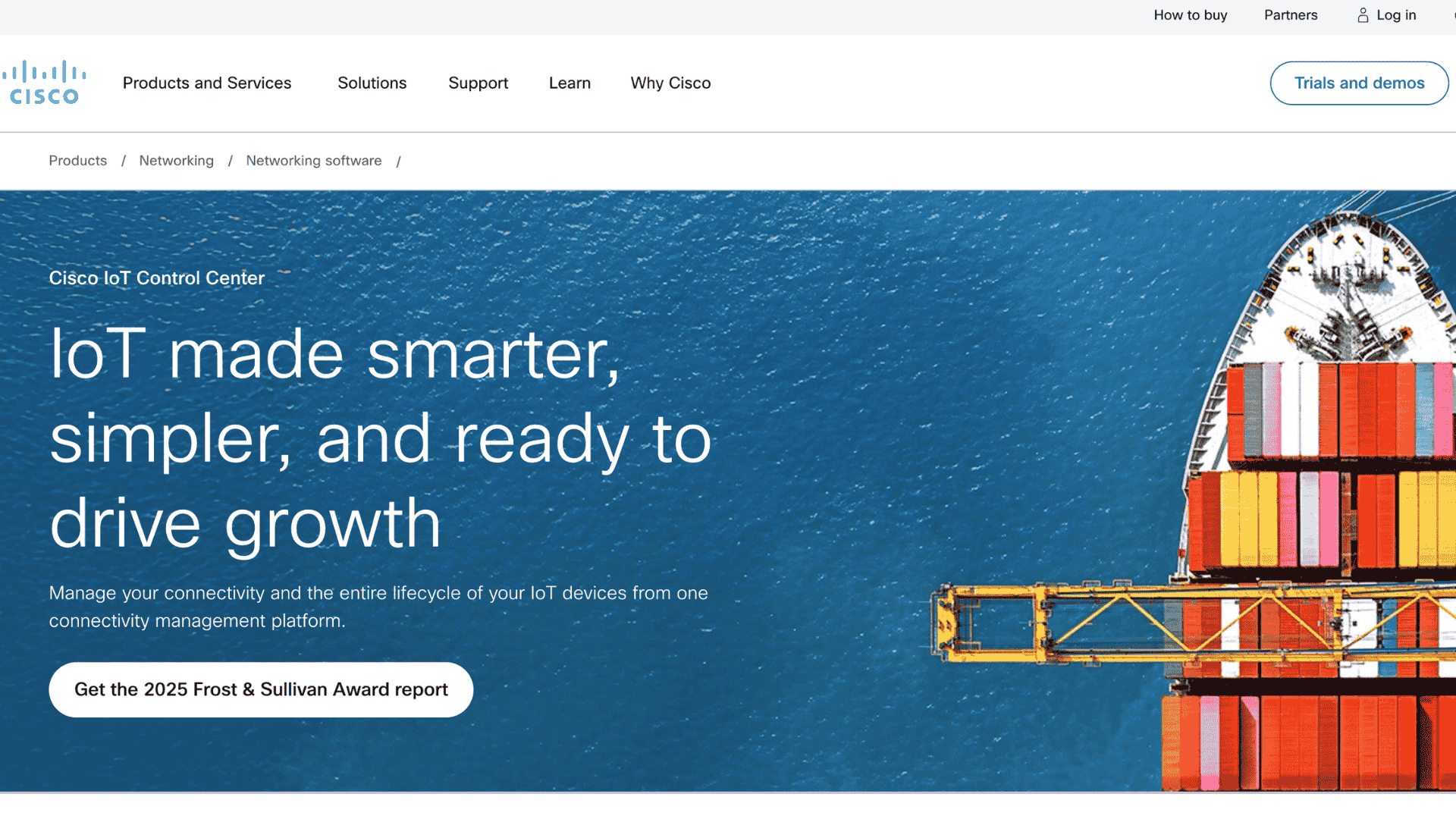 cisco iot control center homepage with cargo ship image and growth message