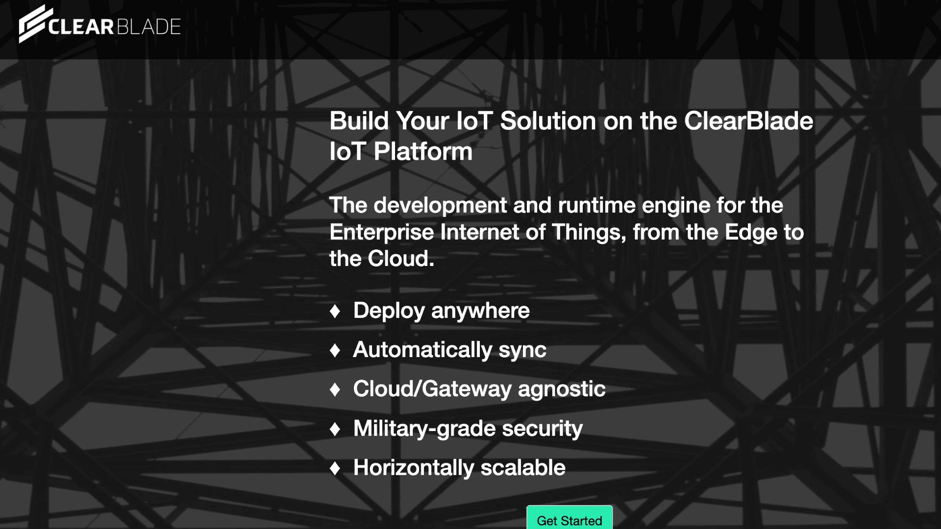 clearblade iot platform homepage with build your iot solution message
