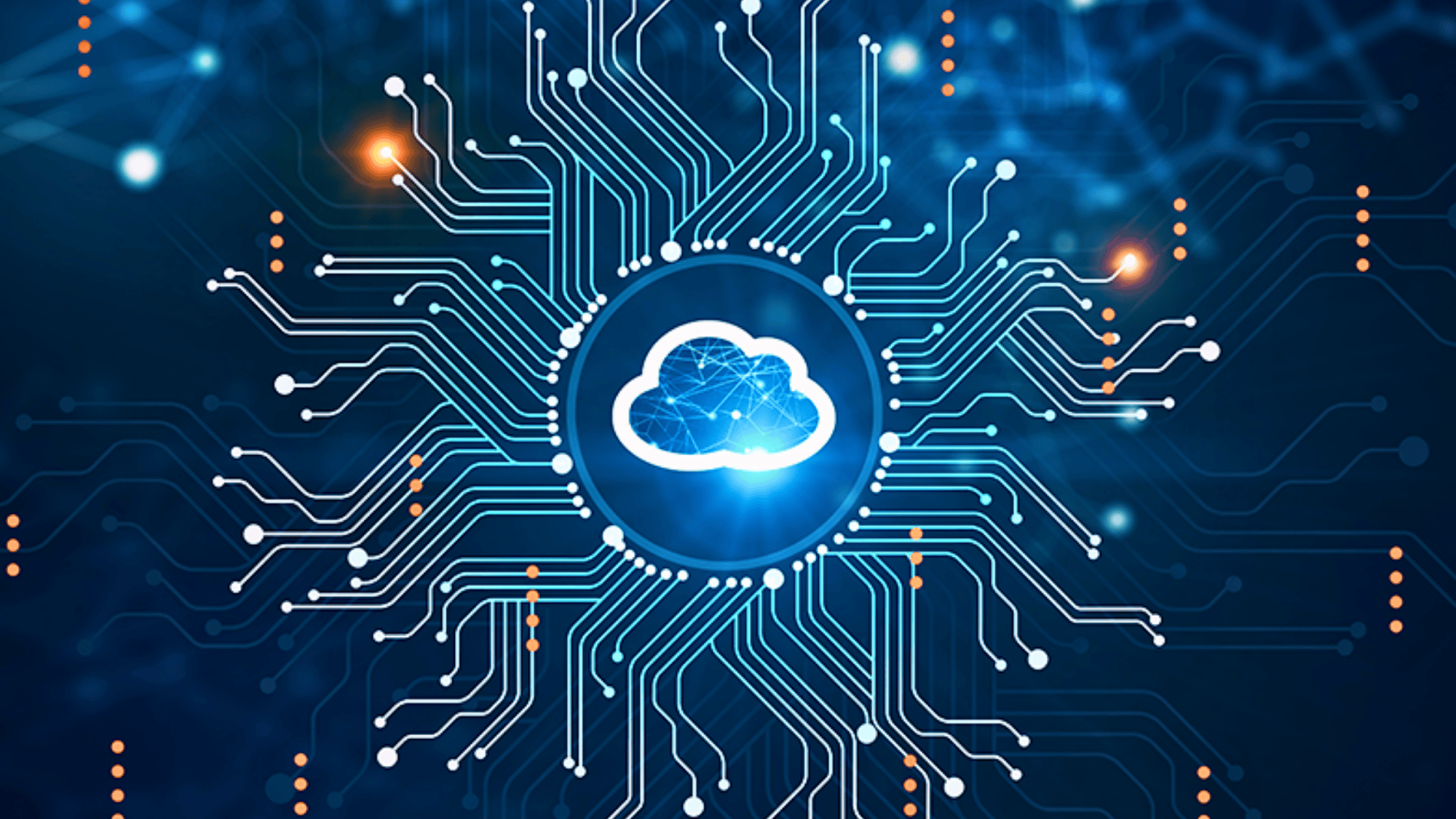 cloud computing network with central cloud icon and circuit connections representing benefits of serverless computing