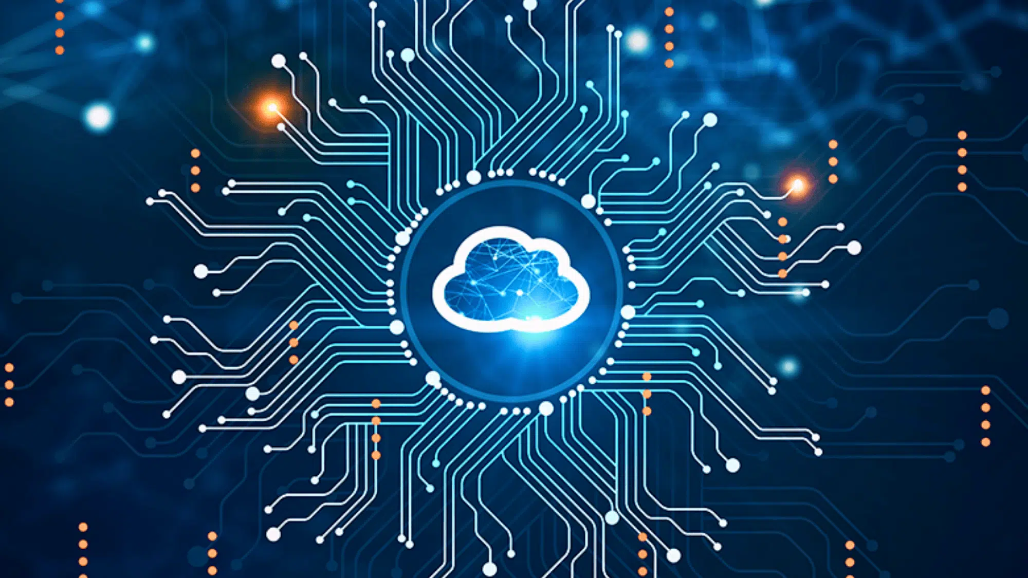 cloud computing network with central cloud icon and circuit connections representing benefits of serverless computing