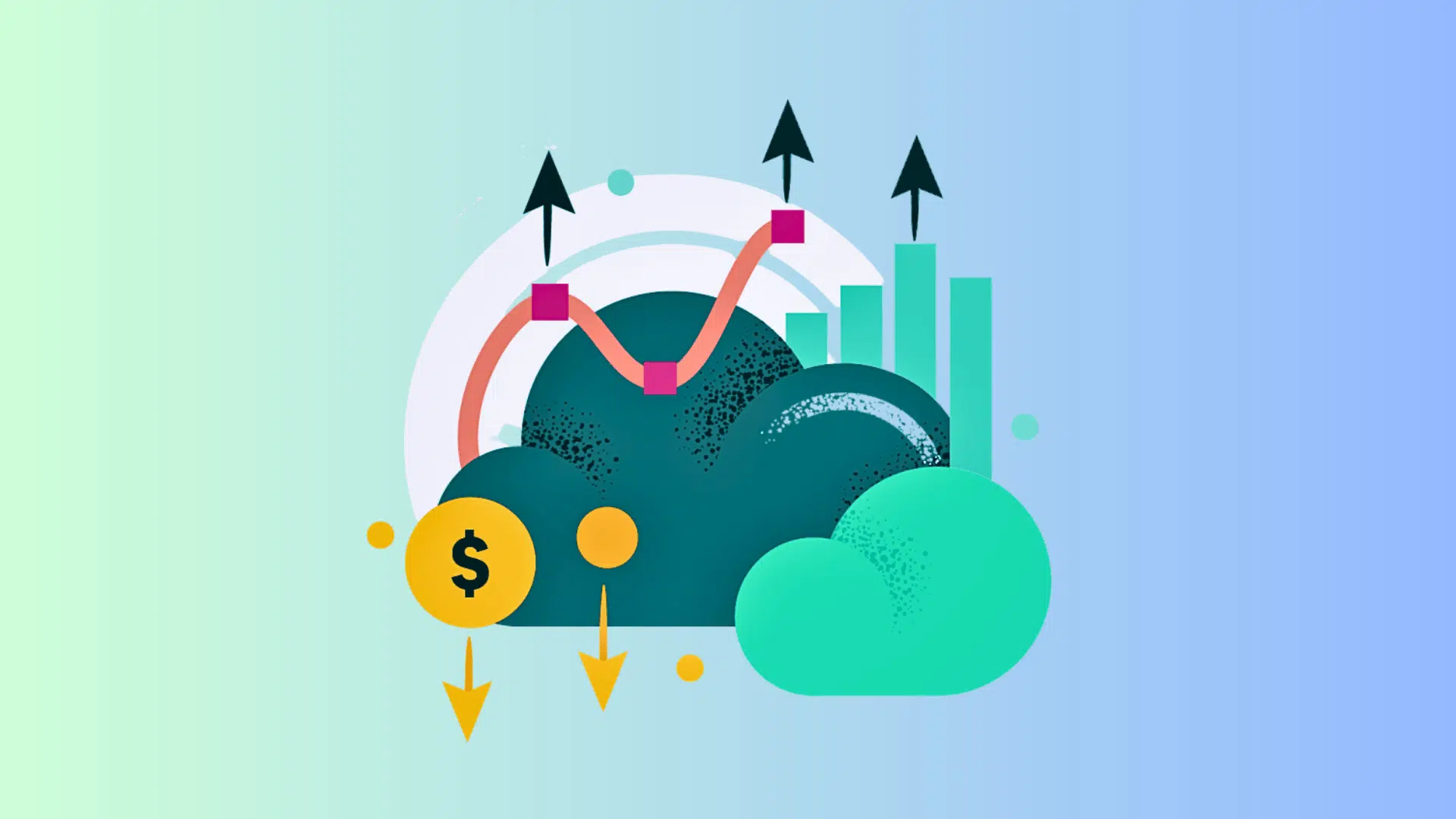 cloud cost management illustration with charts arrows and dollar symbol showing rising and falling spending trends