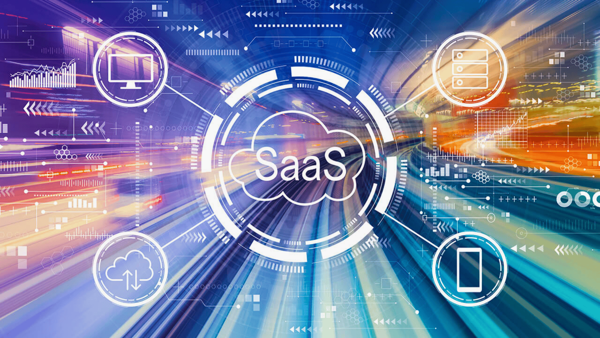 cloud saas concept with data icons and network connections over blurred city lights background saas digital marketing strategy
