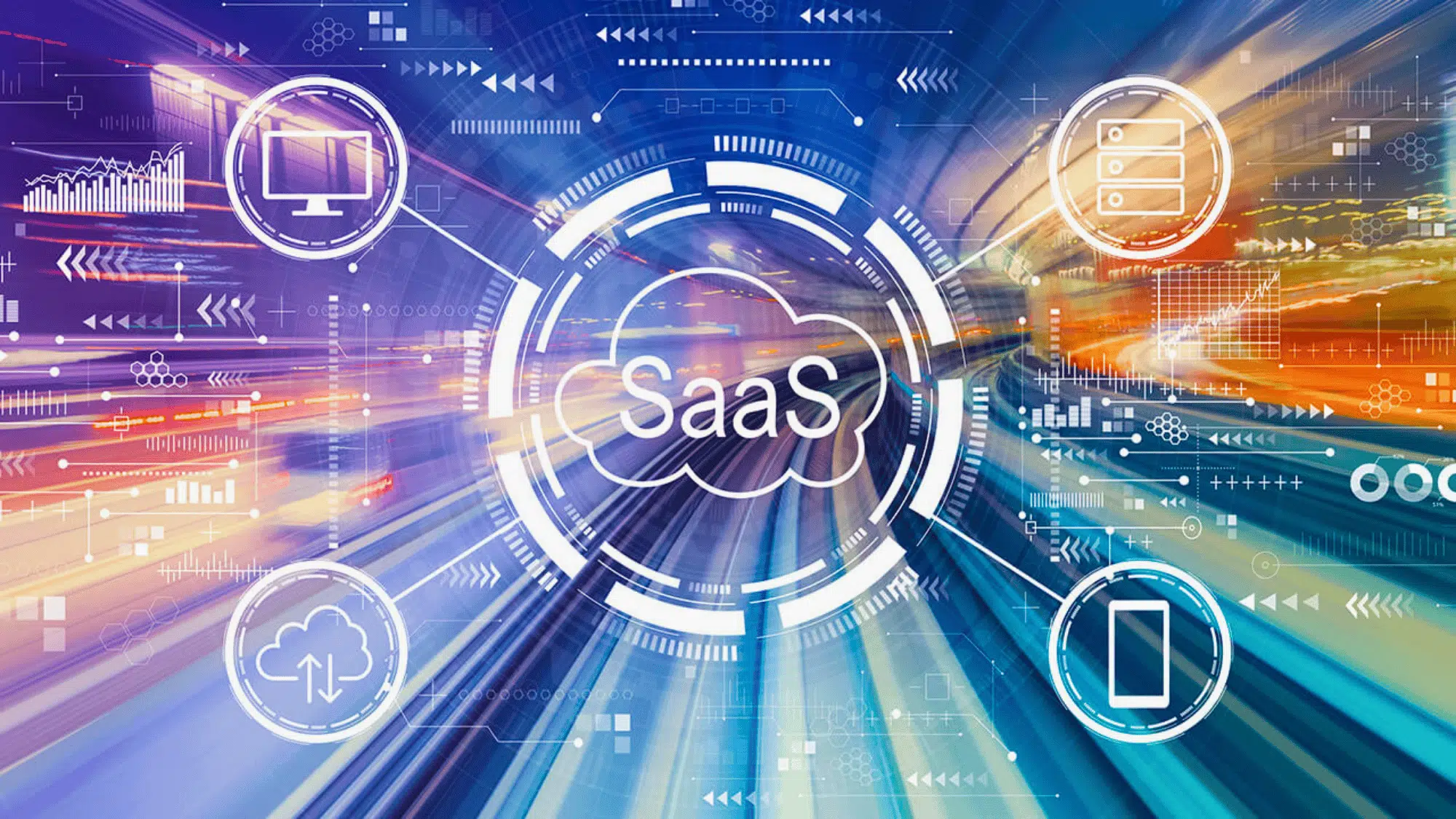 cloud saas concept with data icons and network connections over blurred city lights background saas digital marketing strategy