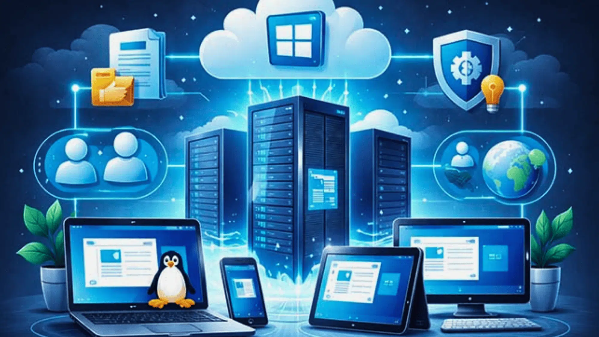 cloud servers connected to multiple devices with security shield user icons and screens showing hosting environment and data storage management server management