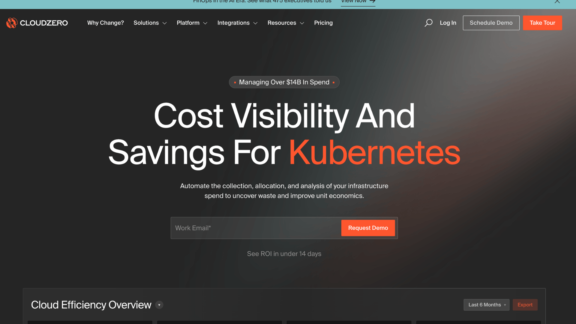 cloudzero page about cost visibility and savings for kubernetes with request demo button